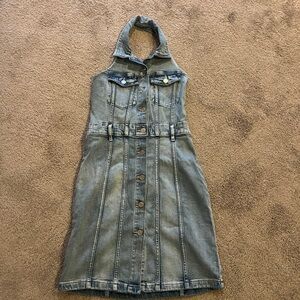 Denim Halter Dress with Button Front